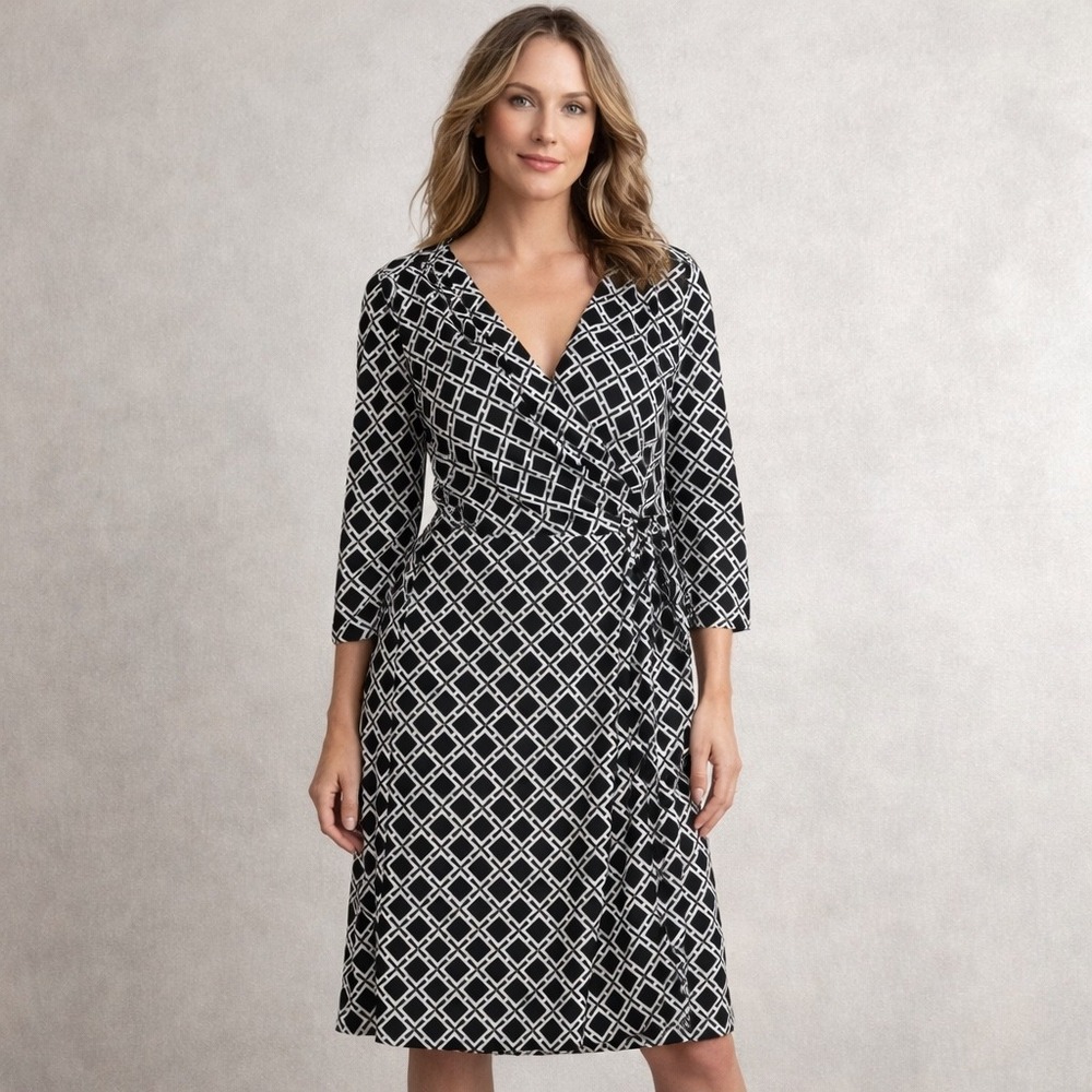 White House Black Market‎ Dress Geo Print Faux Wrap Black White 10 570070503